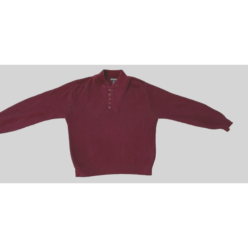 Lands End Mens Regular Cotton Henley Sweater Burgundy Size L Long Sleeve Ribbed